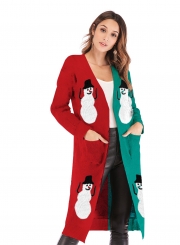 Christmas Snowman Deer Printed Leopard Pocket Cardigan Sweater