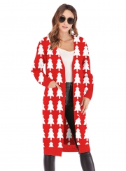 Christmas Snowman Deer Printed Leopard Pocket Cardigan Sweater