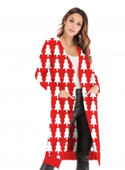 Christmas Snowman Deer Printed Leopard Pocket Cardigan Sweater