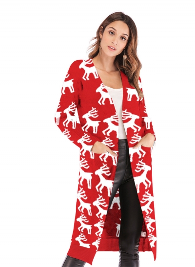 Christmas Snowman Deer Printed Leopard Pocket Cardigan Sweater STYLESIMO.com