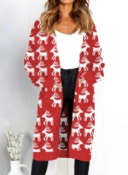 Christmas Snowman Deer Printed Leopard Pocket Cardigan Sweater