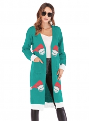 Christmas Snowman Deer Printed Leopard Pocket Cardigan Sweater