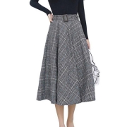 Elastic Waist Belted Cotton Plaid Midi Skirt