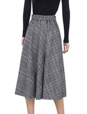 Elastic Waist Belted Cotton Plaid Midi Skirt