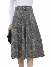 Elastic Waist Belted Cotton Plaid Midi Skirt