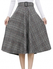 Elastic Waist Belted Cotton Plaid Midi Skirt
