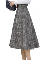 Elastic Waist Belted Cotton Plaid Midi Skirt