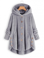 Fleece Hooded Asymmetrical Hem Button Coat