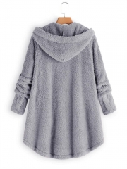 Fleece Hooded Asymmetrical Hem Button Coat