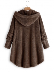 Fleece Hooded Asymmetrical Hem Button Coat