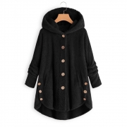 Fleece Hooded Asymmetrical Hem Button Coat