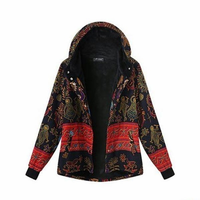 Plus Size Ethnic Boho Print Warm Flannel Inner Cotton Padded Hoodie YOUYOUFASHIONEC.com