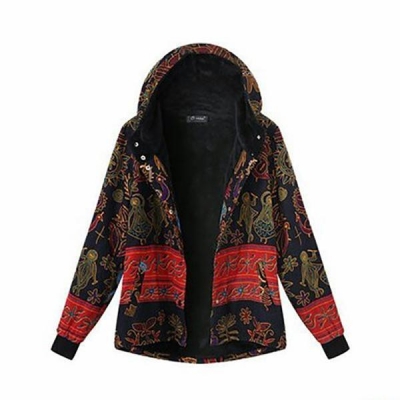 Plus Size Ethnic Boho Print Warm Flannel Inner Cotton Padded Hoodie STYLESIMO.com