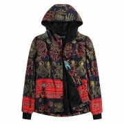 Plus Size Ethnic Boho Print Warm Flannel Inner Cotton Padded Hoodie