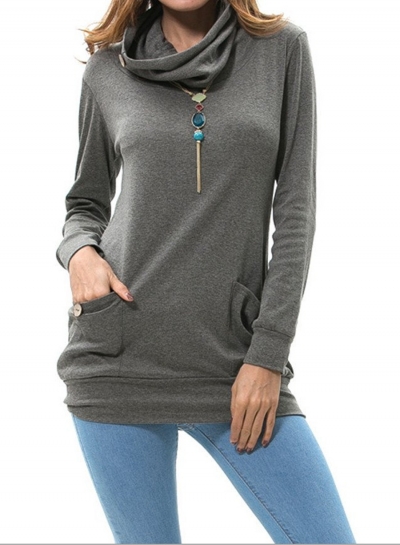 Casual High Neck Long Sleeve Slim Pullover Sweatshirt With Pockets