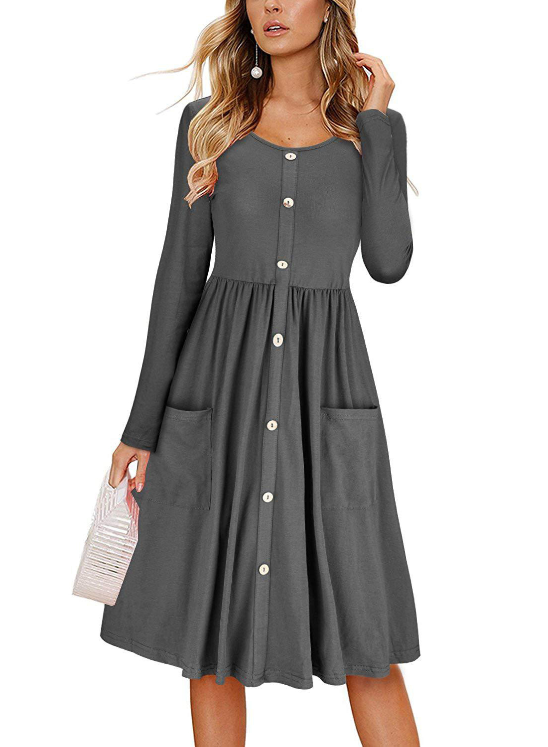 Long Sleeve Casual Button Down Loose Swing Dress With Pockets