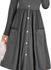 Long Sleeve Casual Button Down Loose Swing Dress With Pockets