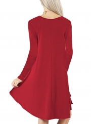Round Neck Long Sleeves A-line Casual Dress With Pocket