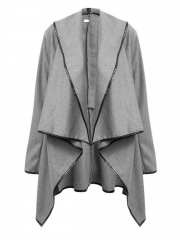 Long Sleeve Shawl Collar Piping Plus Size Coat