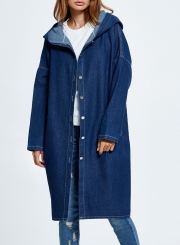 Hooded Long Jean Coat Casual Long Sleeve Denim Jacket Outwear Overcoat