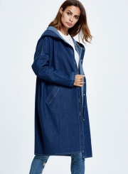 Hooded Long Jean Coat Casual Long Sleeve Denim Jacket Outwear Overcoat