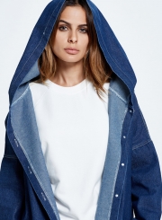 Hooded Long Jean Coat Casual Long Sleeve Denim Jacket Outwear Overcoat