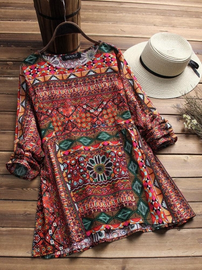 Casual Tribal Long Sleeve Printed Cotton Blouse