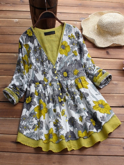 Floral Printed Fake Two Piece Vintage Blouse