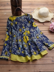 Floral Printed Fake Two Piece Vintage Blouse