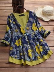 Floral Printed Fake Two Piece Vintage Blouse