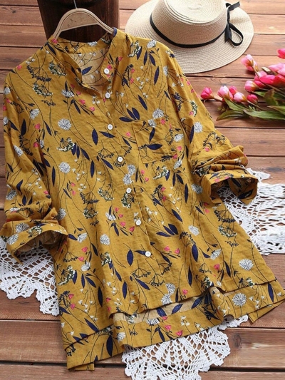 Elegant Cotton Floral Plus Size Stand Collar Printed/Dyed Blouse