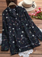 Elegant Cotton Floral Plus Size Stand Collar Printed/Dyed Blouse