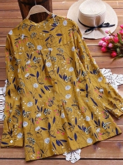 Elegant Cotton Floral Plus Size Stand Collar Printed/Dyed Blouse