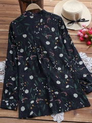 Elegant Cotton Floral Plus Size Stand Collar Printed/Dyed Blouse