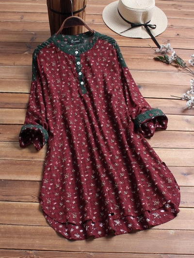 Vintage Floral Print Patchwork Irregular Plus Size Shirt LZDINTECOMMERCE.com