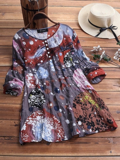 Vintage Print Pleated Crew Neck Button Long Sleeve Plus Size Shirts YOUYOUFASHIONEC.com