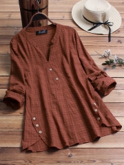 Vintage Plaid Side Button V-neck Long Sleeve Plus Size Shirt