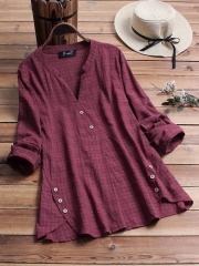 Vintage Plaid Side Button V-neck Long Sleeve Plus Size Shirt