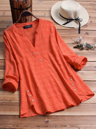 Vintage Plaid Side Button V-neck Long Sleeve Plus Size Shirt YOUYOUFASHIONEC.com