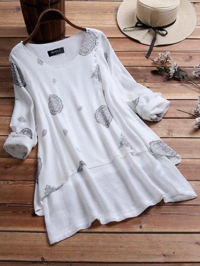 Ethnic Print Patch Long Sleeve Crew Neck Blouse YOUYOUFASHIONEC.com