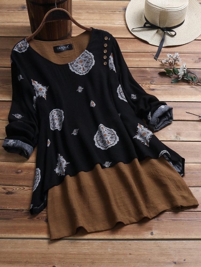 Ethnic Print Patch Long Sleeve Crew Neck Blouse YOUYOUFASHIONEC.com