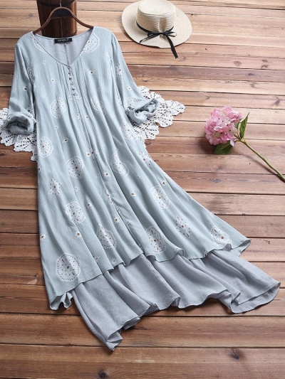 Vintage Print Patch V Neck Maxi Dress With Pockets YOUYOUFASHIONEC.com