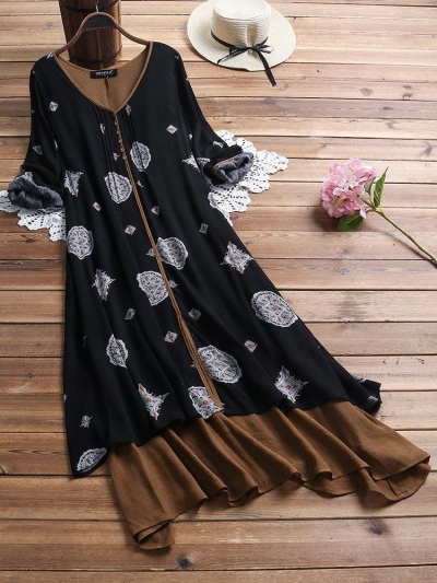 Vintage Print Patch V Neck Maxi Dress With Pockets YOUYOUFASHIONEC.com