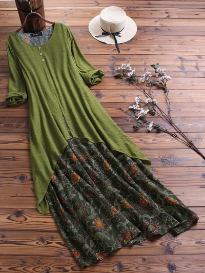 Vintage Print Patchwork Pokcet Long Sleeve Plus Size Maxi Dress STYLESIMO.com