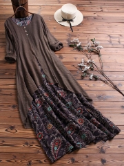 Vintage Print Patchwork Pokcet Long Sleeve Plus Size Maxi Dress