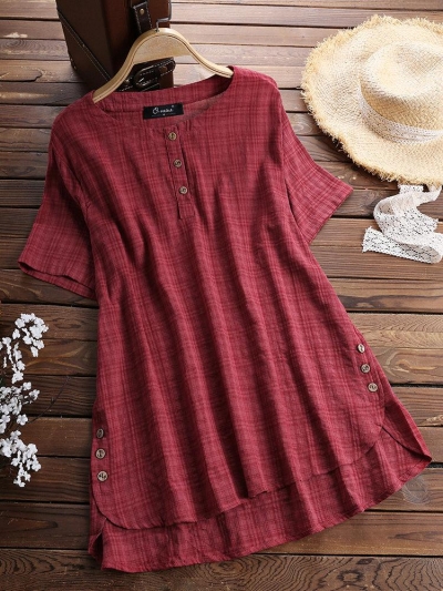 Casual Plaid Short Sleeve Irregular T-Shirt for Women