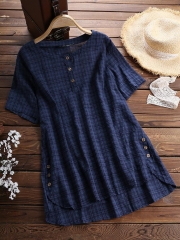 Casual Plaid Short Sleeve Irregular T-Shirt for Women