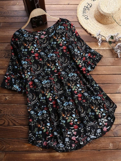 Vintage Print Floral Short Sleeve Crew Neck Blouse YOUYOUFASHIONEC.com