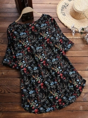 Vintage Print Floral Short Sleeve Crew Neck Blouse