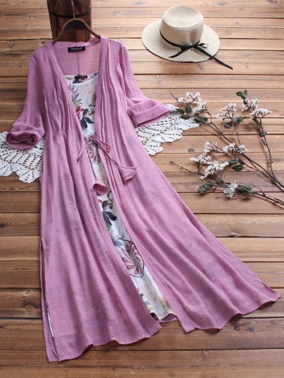 Vintage Boho Print Lace Two-piece 3/4 Sleeve Dress STYLESIMO.com